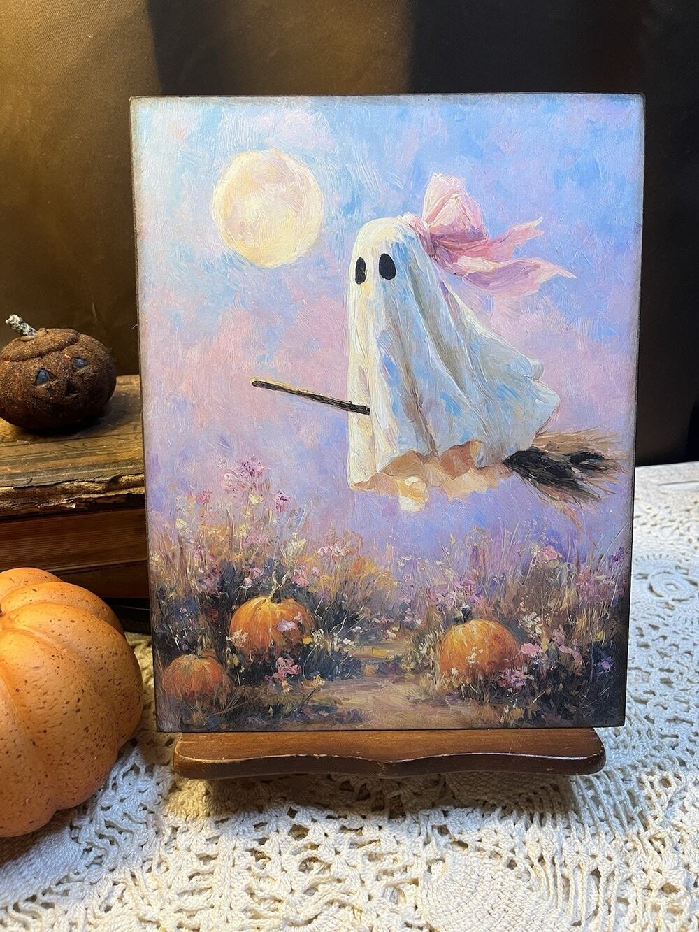 Halloween, Pretty Ghost Pink Bow, Preppy Pastel, Handcrafted Plaque / Sign
